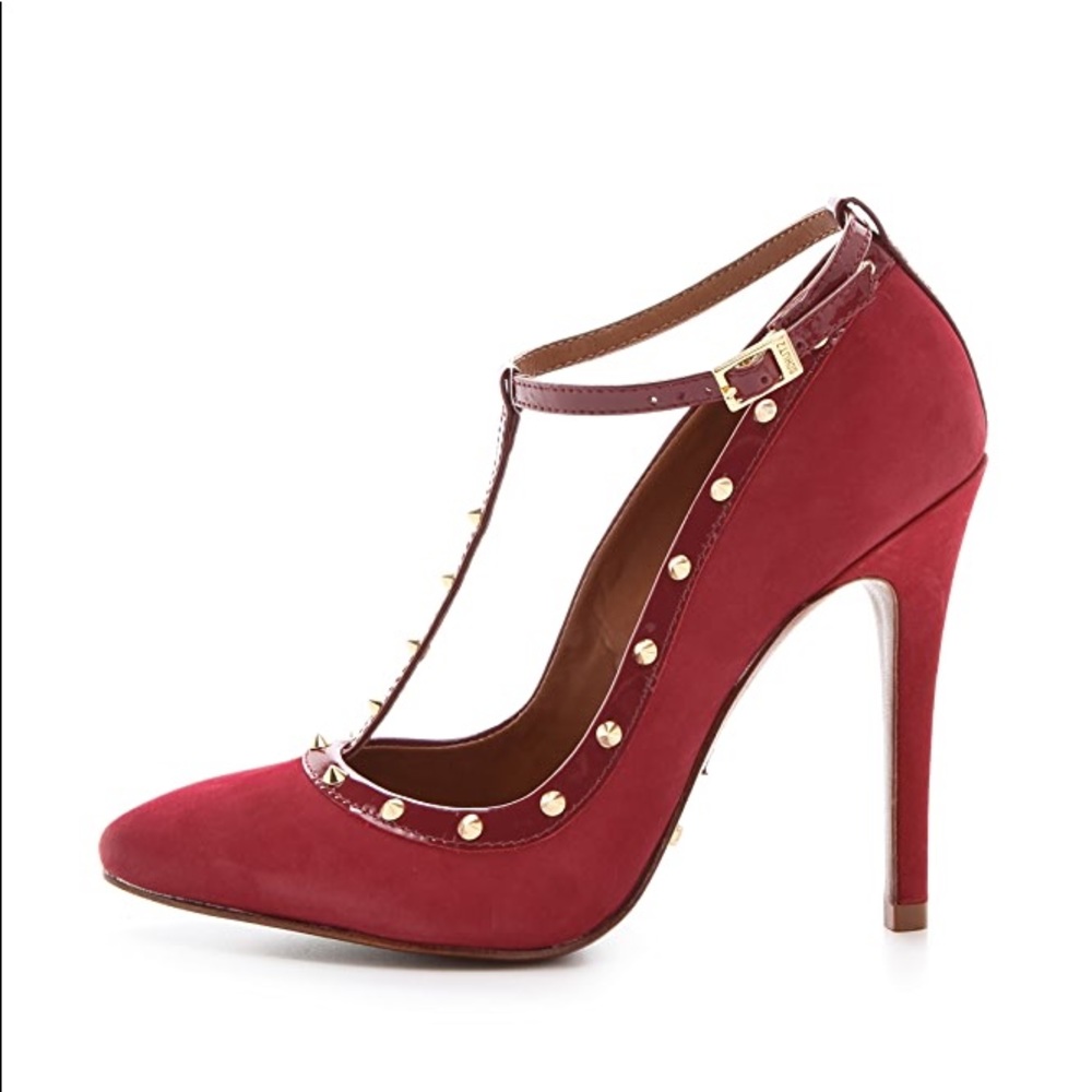 Schutz Burgundy Gold Spiked T Strap ‘Fiona’